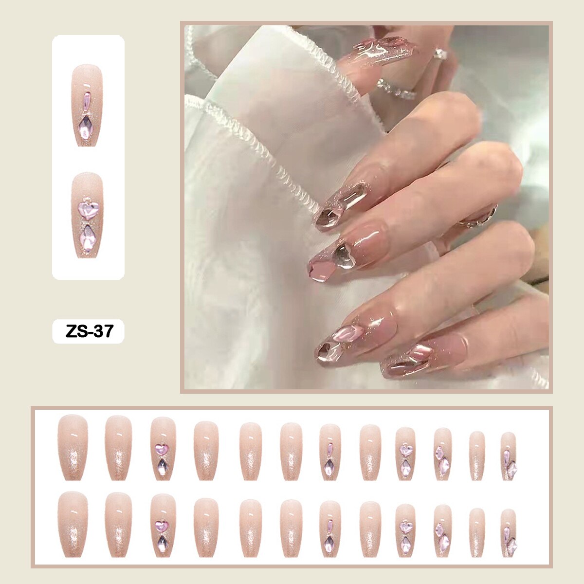 24pcs Artificial Diamond Elegant Flesh-colored Nail Art With Bowknot Fake Nails Long False Nails With Glue With Wearing Tools