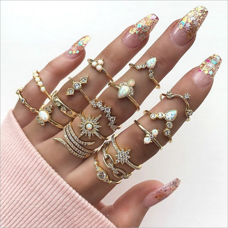 Bohemian Geometric Rings Sets Crystal Star Moon Flower Butterfly Constellation Knuckle Finger Ring Set For Women Jewelry