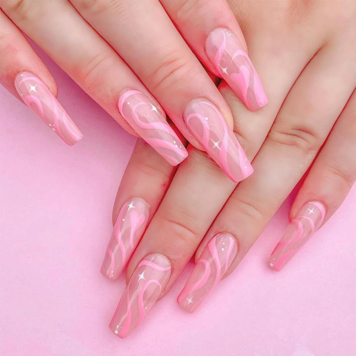 24pcs Pink Butterfly Pattern Fake Nails Full cover Glue DIY Manicure Nail