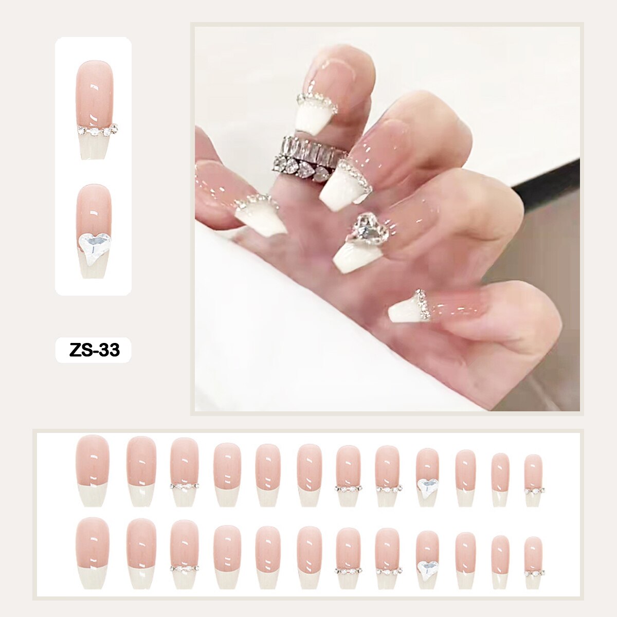 24pcs Artificial Diamond Elegant Flesh-colored Nail Art With Bowknot Fake Nails Long False Nails With Glue With Wearing Tools