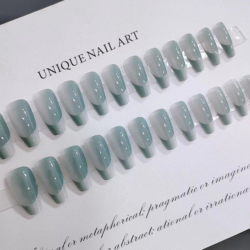 24pcs False Nails Blue Aurora Coffin Fake Nail Press on Nail Wearable Manicure Acrylic Nail Tips Full Cover