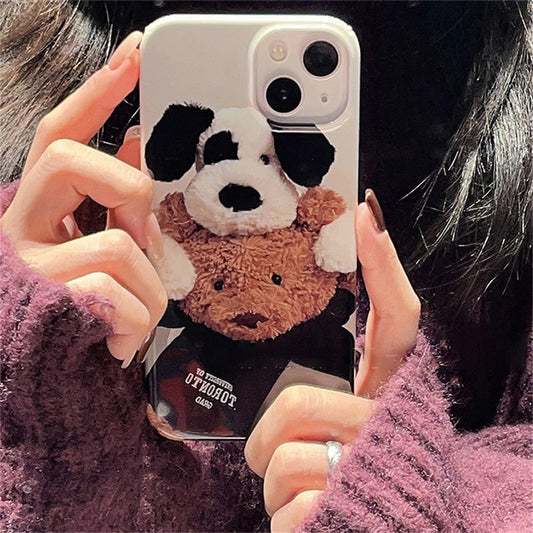 Korean Cute Bear Dog Couple Phone Case For iPhone 15 14 13 12 11 Pro Max Mini X XR 7 8 Plus SE 3 Glossy Shockproof Soft Cover