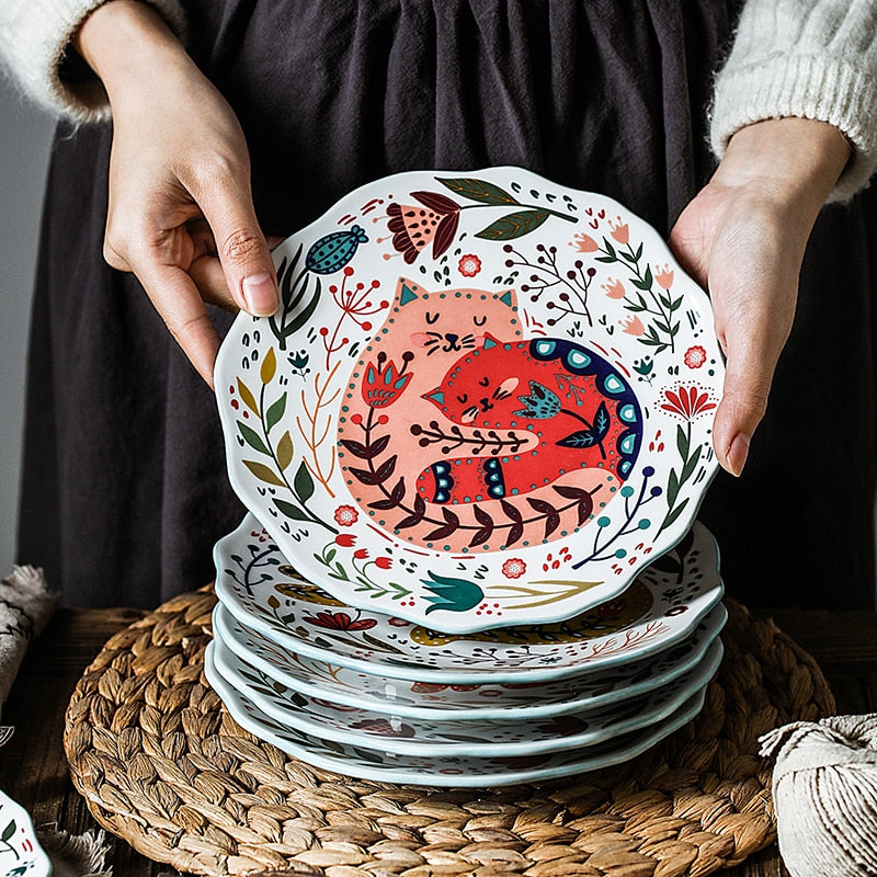 8 Inches Ceramic Dinner Plates Japanese Hand-painted Cartoon Cat Plate Creative Colorful Household Dishes Dinnerware Tableware