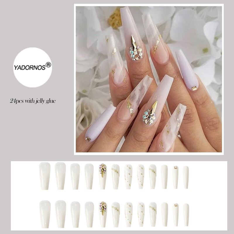 24pcs False Nails Nude Gradient Nail Patch Rhinestone Inlaid Press On Nails Removable Long Manicure nail tips