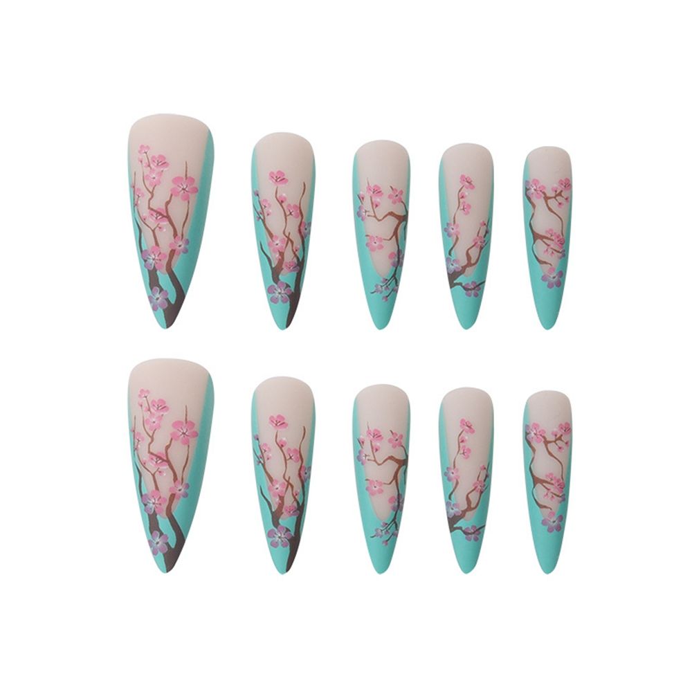 24pcs/Box Almond Long Pointy Head False Nails Wearable Stiletto Plum Blossom Fake Nails Full Cover Nail Tips Press On Nails