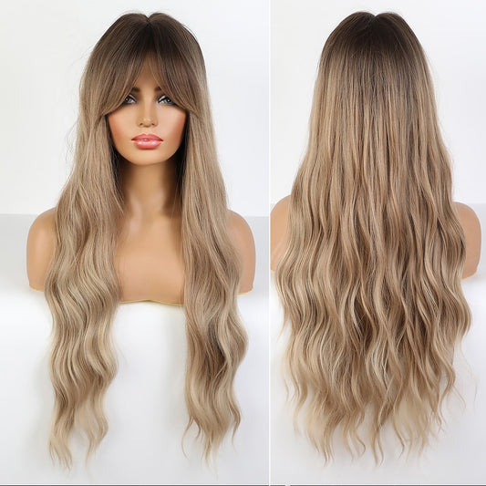 Synthetic Long Wavy Wigs with Bangs for Women Cosplay Natural Ombre Brown to Light Blonde Hair Wig High Temperature Fiber