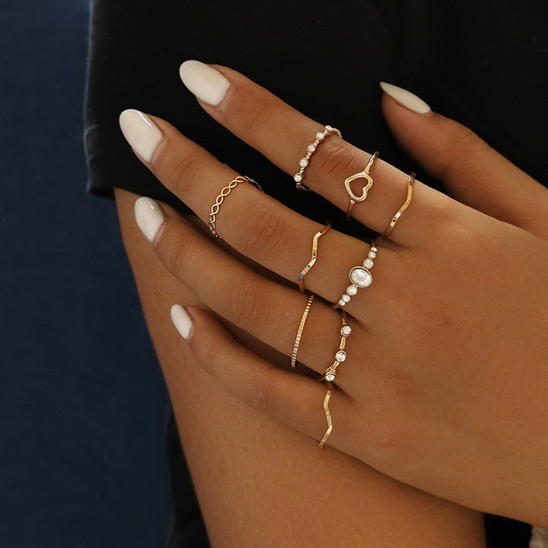 Geometric Knuckle Rings set For Women Crystal Gold color Finger Ring Boho Ladies wedding Jewelry Gift