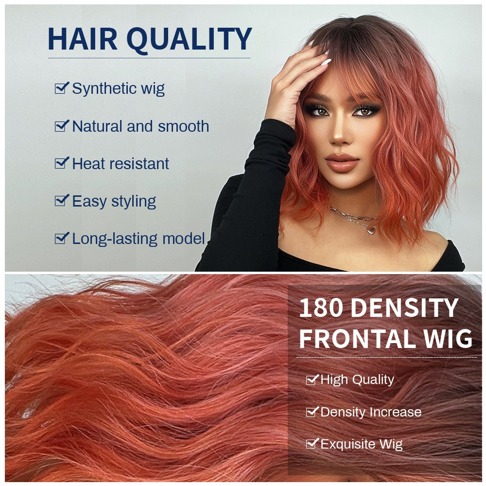 Short Bob Synthetic Wig Ombre Pink Water Wave Hair Wigs With Bangs Cosplay Lolita Heat Resistant Natural Hair