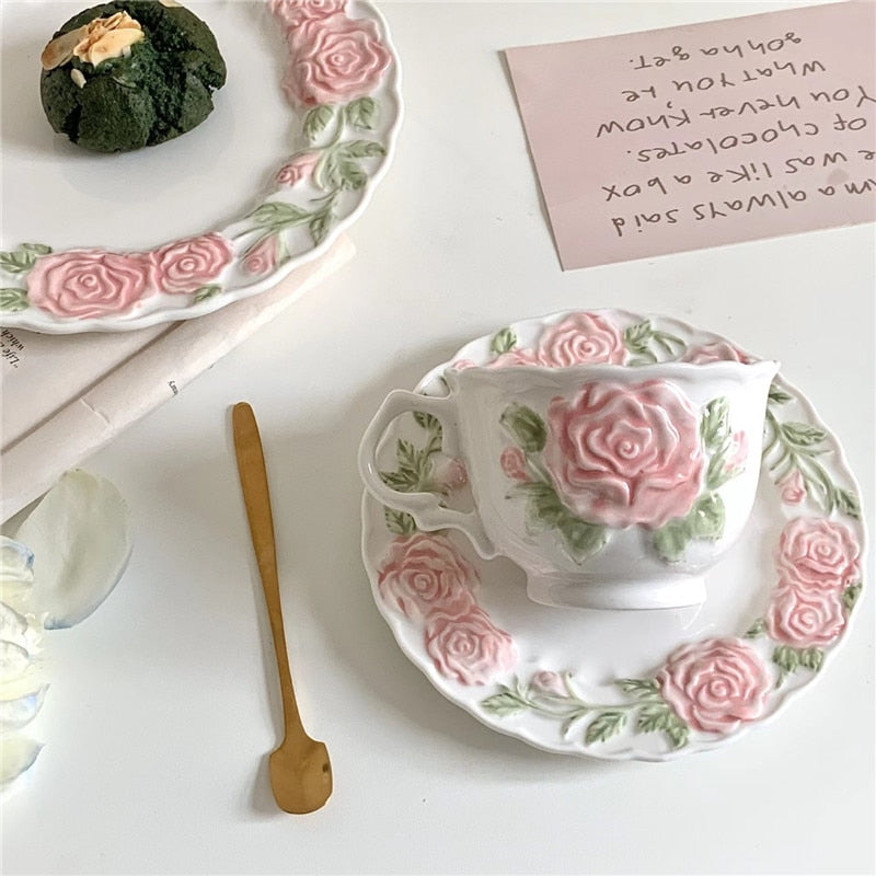 Pink Rose Coffee Cup Mug Afternoon Tea Cups Home Party Cafe Cake Plate Dessert Saucer Kitchen Accessories