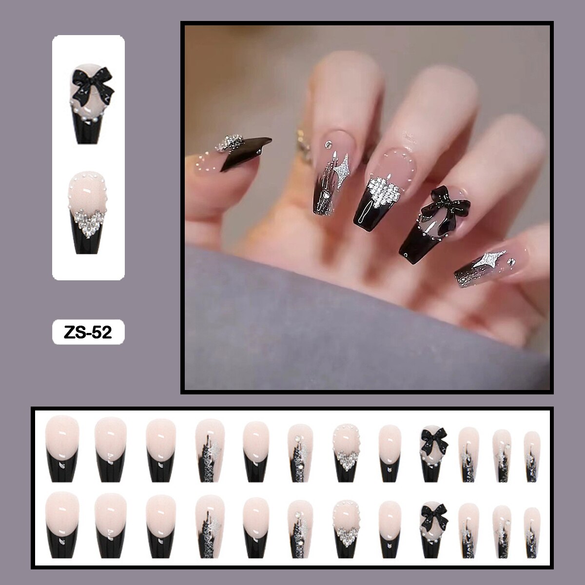 24pcs Artificial Diamond Elegant Flesh-colored Nail Art With Bowknot Fake Nails Long False Nails With Glue With Wearing Tools