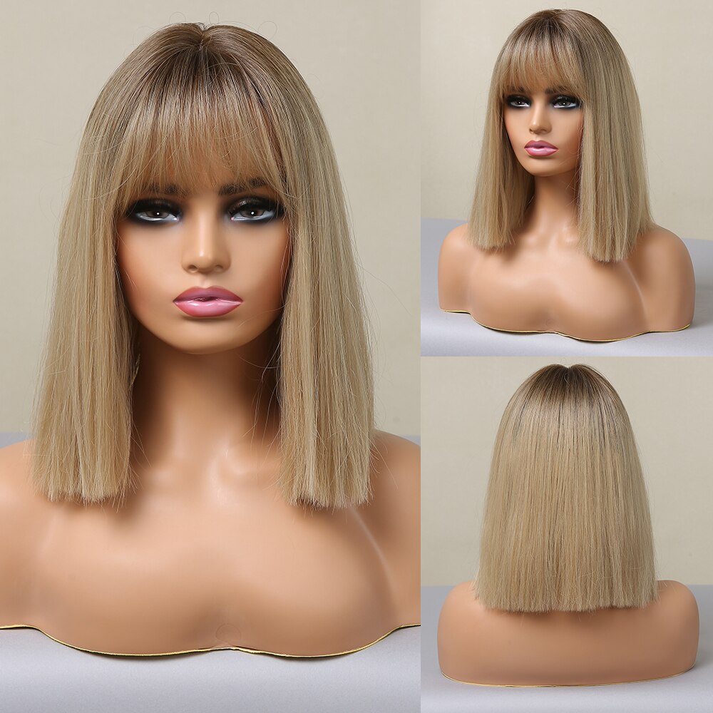 Black Bob Hair Wigs Medium Straight Synthetic Wig with Bangs Cosplay Wig Heat Resistant