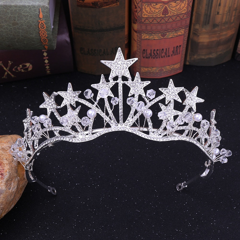 Baroque Gold Color Star Crystal Pearl Wedding Tiaras Bridal Crown for Bride Rhinestone Crowns Headband Jewelry Hair Accessories