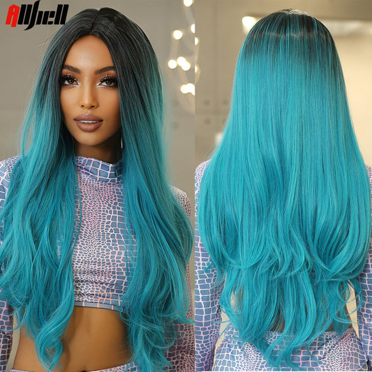 Blue Ombre Long Cosplay Synthetic Wigs with Dark Root Body Wavy Natural Hair Wigs for Woman Halloween Party Use Heat Resistant