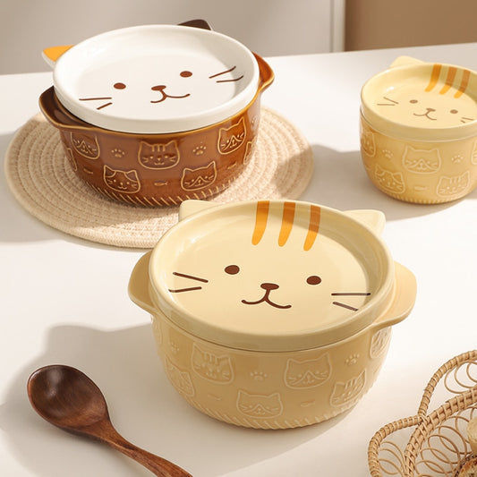 Cartoon Japanese Ceramic Cat Dog Noodle Bowls With Lids Cute Animal Soup Salad Fruit Bowl Box Decorative Tableware Kitchen Decor