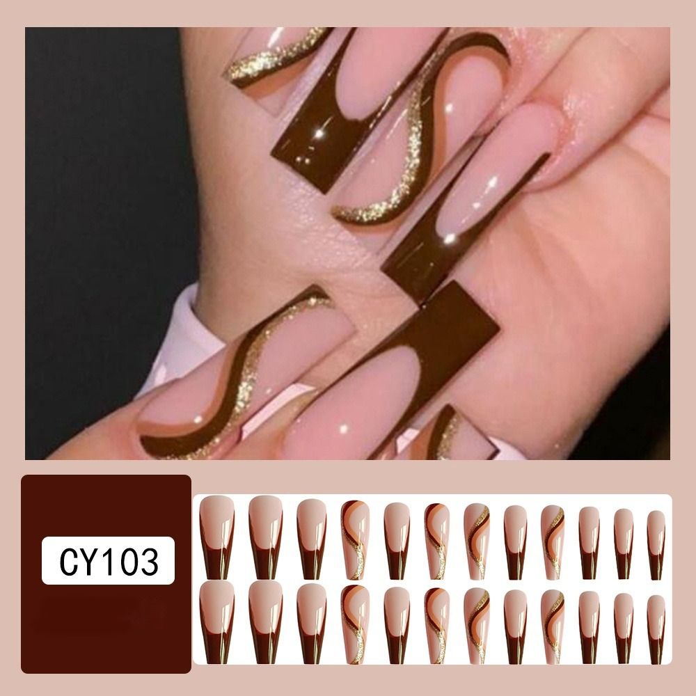 24pcs Long Ballet False Nail Full Cover Fake Nail Grey White Marble Design Nails Tip French Coffin Nails Press On Nails