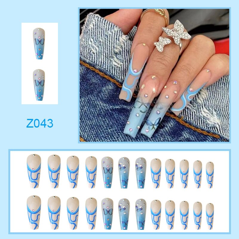 24Pcs Gradient Blue French Long Ballet False Nails With Rhinestones Butterfly Designs Wearable Press On Nails Acrylic Fake Nail