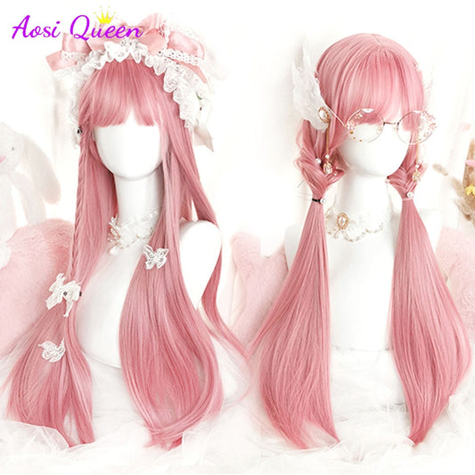 Cosplay Wig With Bangs Synthetic Straight Hair 24 Inch Long Heat-Resistant Pink Wig For Women