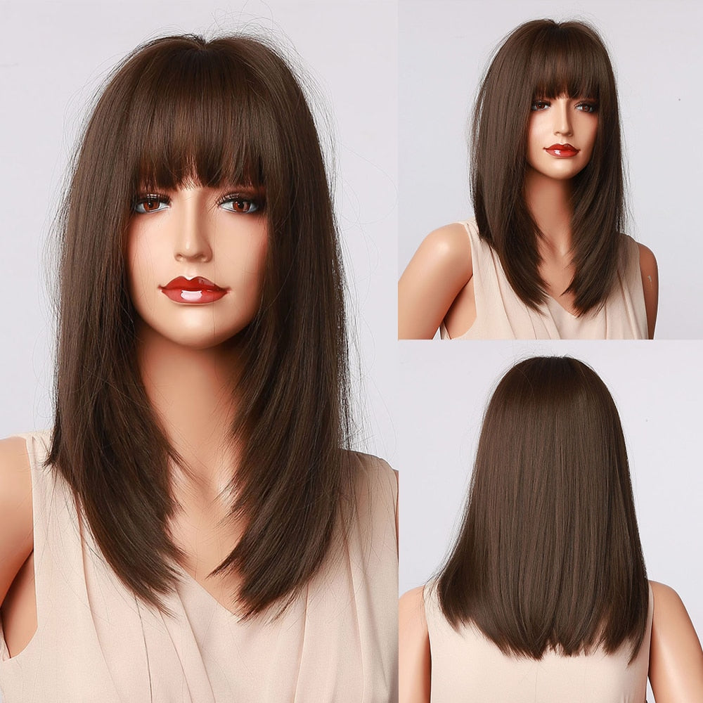 Black Bob Hair Wigs Medium Straight Synthetic Wig with Bangs Cosplay Wig Heat Resistant