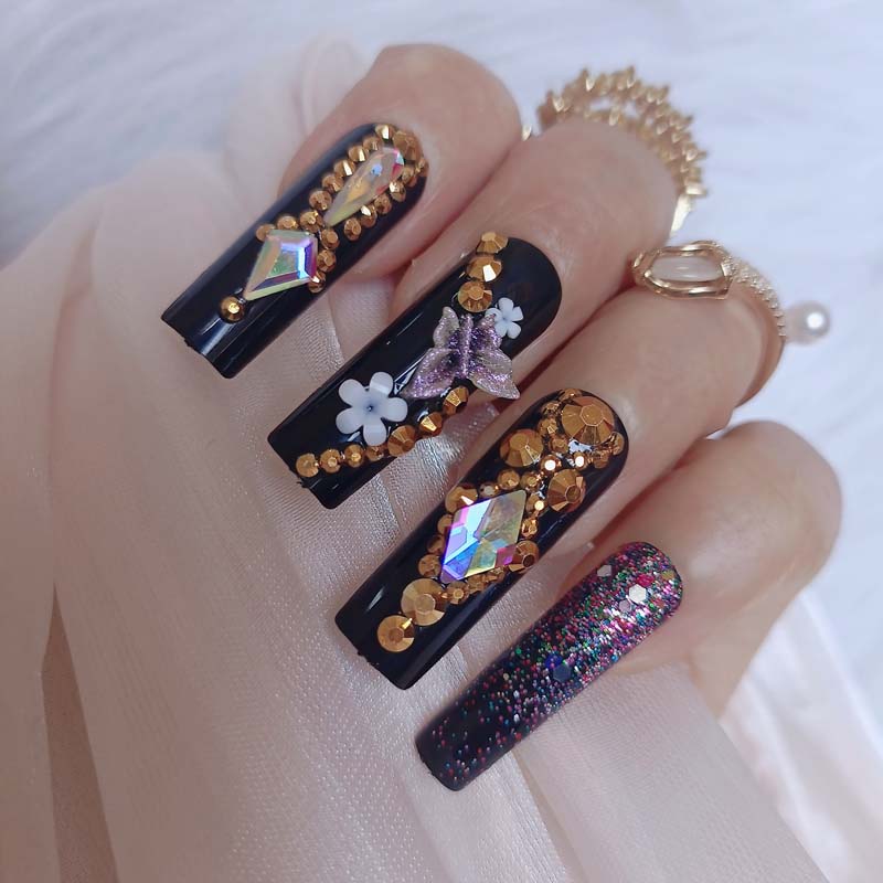 24pcs luxury jewelry long ballet coffin fake nails crystal diamond sexy black