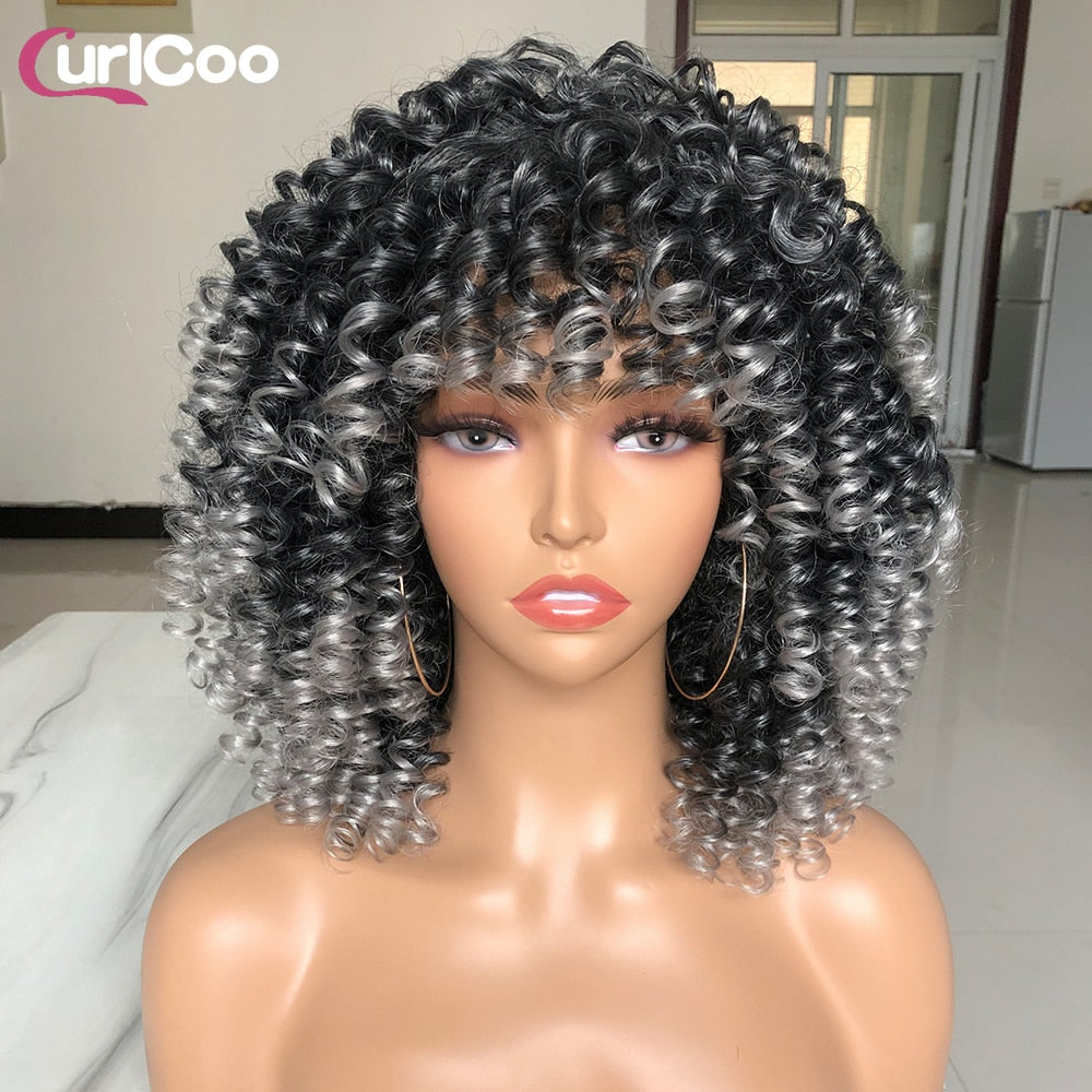 Short Hair Afro Kinky Curly Wigs With Bangs For Women Fluffy Synthetic Ombre Glueless Cosplay Natural highlight Blonde Wig