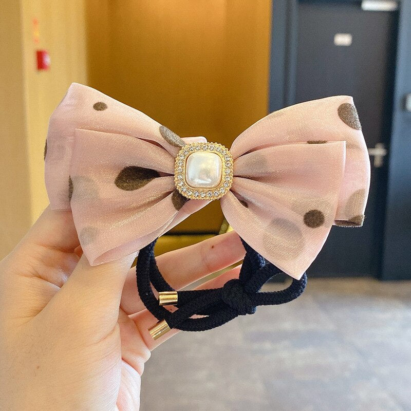 Elegant Bow Ribbon Scrunchies Fashion Ladies Simple Rhinestone Bow Wrap Hair Rope Design Ponytail Girl Hair Accessories