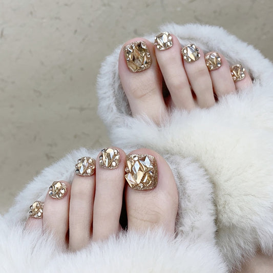 Gold Full Diamond Feet Nails Press On Fake Glitter Toe Nail Stickers Full Cover Toe Nail Tips False Foot Nails