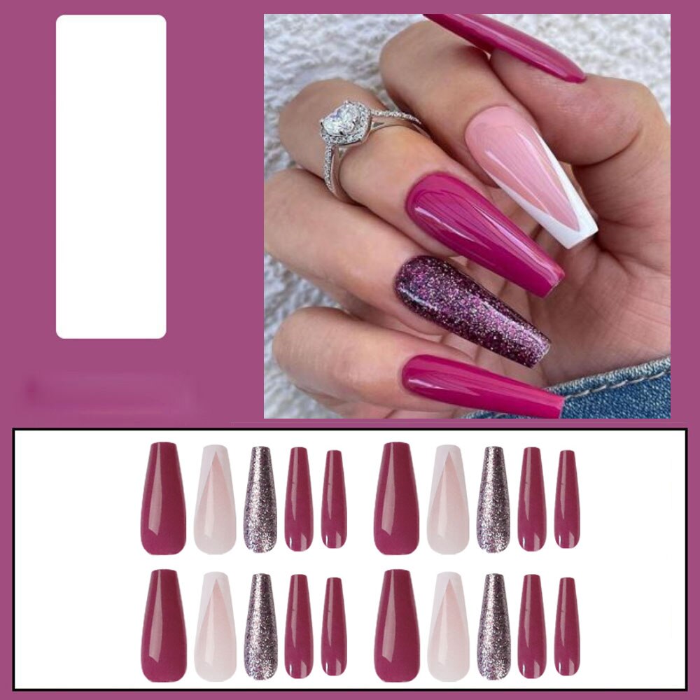 24pcs Long Ballet False Nail Full Cover Fake Nail Grey White Marble Design Nails Tip French Coffin Nails Press On Nails