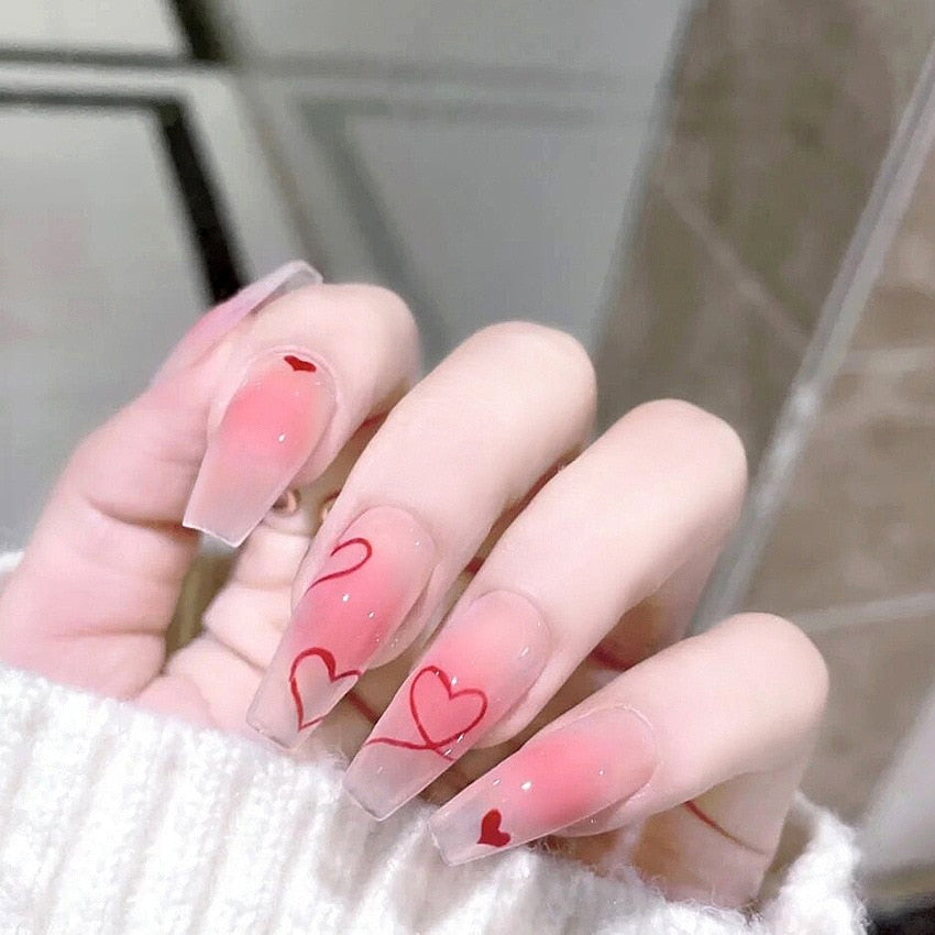 24pcs False press-on nails with a pattern Peach heart wear finished tablet nail art removable Manicure false nails