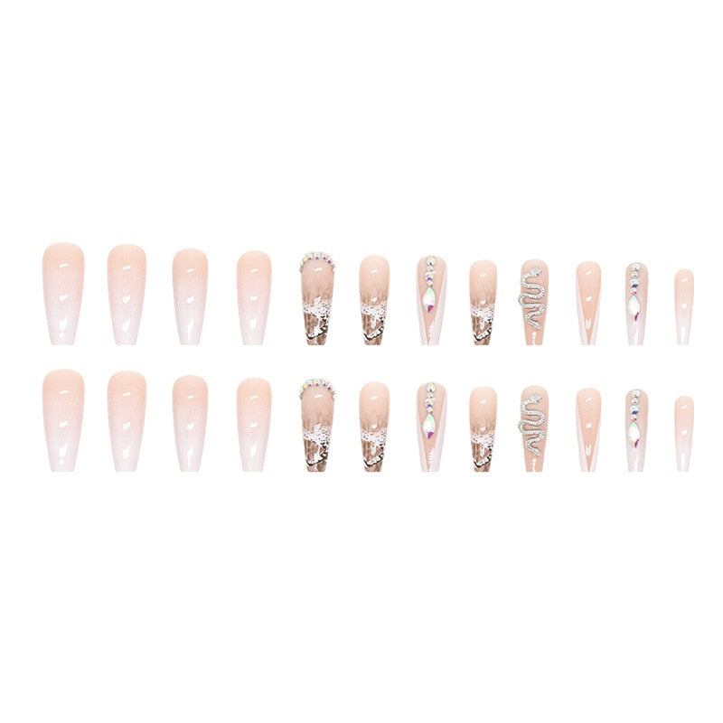 24pcs Long Press On Fake Nails French Designs With Snake Rhinestones Coffin False Nails Ballerina Manicure Full Cover Nail Tips