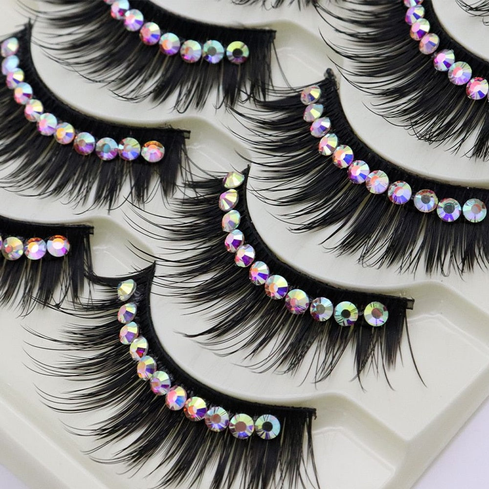 1/5Pairs Soft Mink False Eyelashes Natural 3D Fake Eye Lashes with Shiny Rhinestones Colored Extension Eyelashes