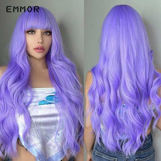 Synthetic Purple Wigs for Women Cosplay Party Lolita Wigs Bangs High Temperature Fiber  Natural  Long Body Wave Hair Wigs