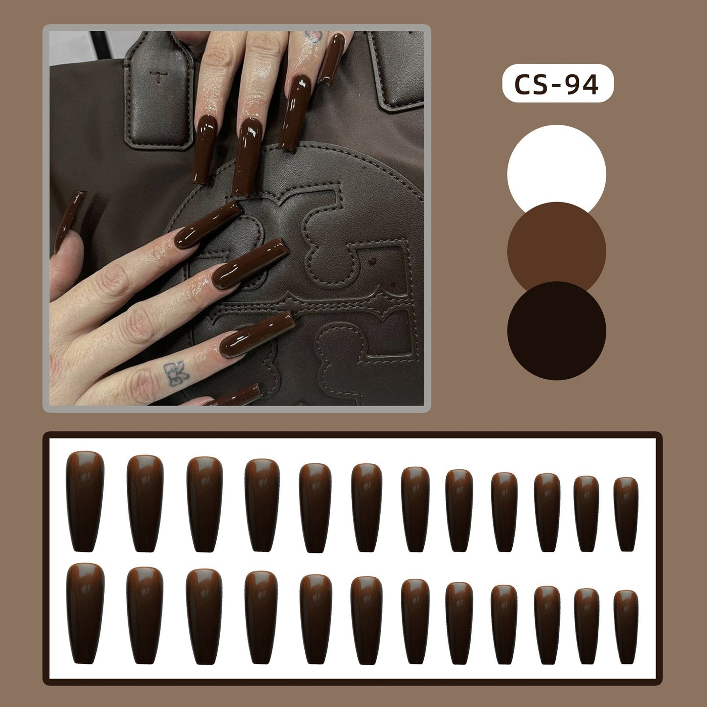 24PCS Khaki Nude Press On False Nails Tips Long Ballerina Pure Color Acrylic Fake Nails Coffin Full Cover Nail With Glue Designs