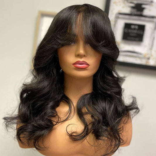 Body Wave Fringe Wig Long Human Hair Wigs With Bangs Brazilian Full Machine Made Wig With Bang Brazilian Virgin Hair For Women