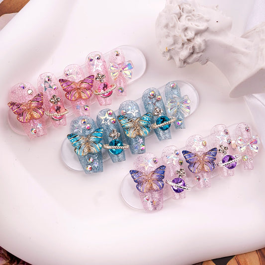 Purple Glitter Rhinestone Butterfly Handmade Press On Nails Y2K Long Short False Nails Girl Jewelry Reusable Fake Nails Tips