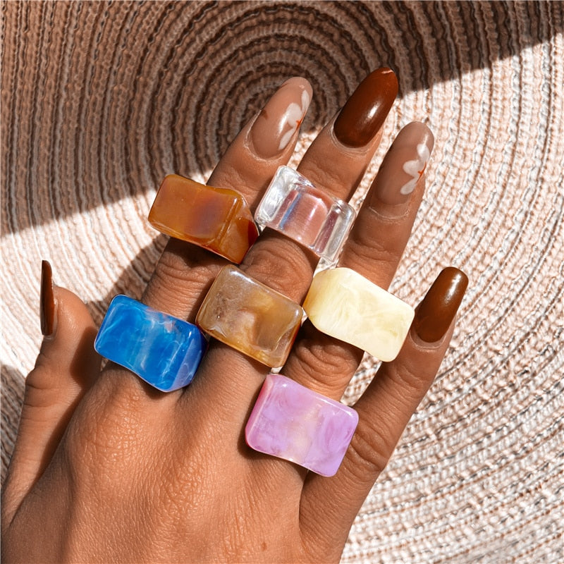 Colorful Transparent Resin Acrylic Crystal Rhinestone Simple Geometric Square Round Rings Set Jewelry