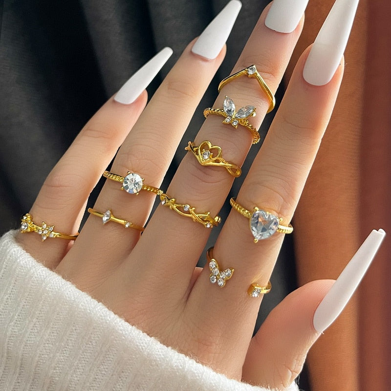 Bohemian Geometric Rings Sets Crystal Star Moon Flower Butterfly Constellation Knuckle Finger Ring Set For Women Jewelry