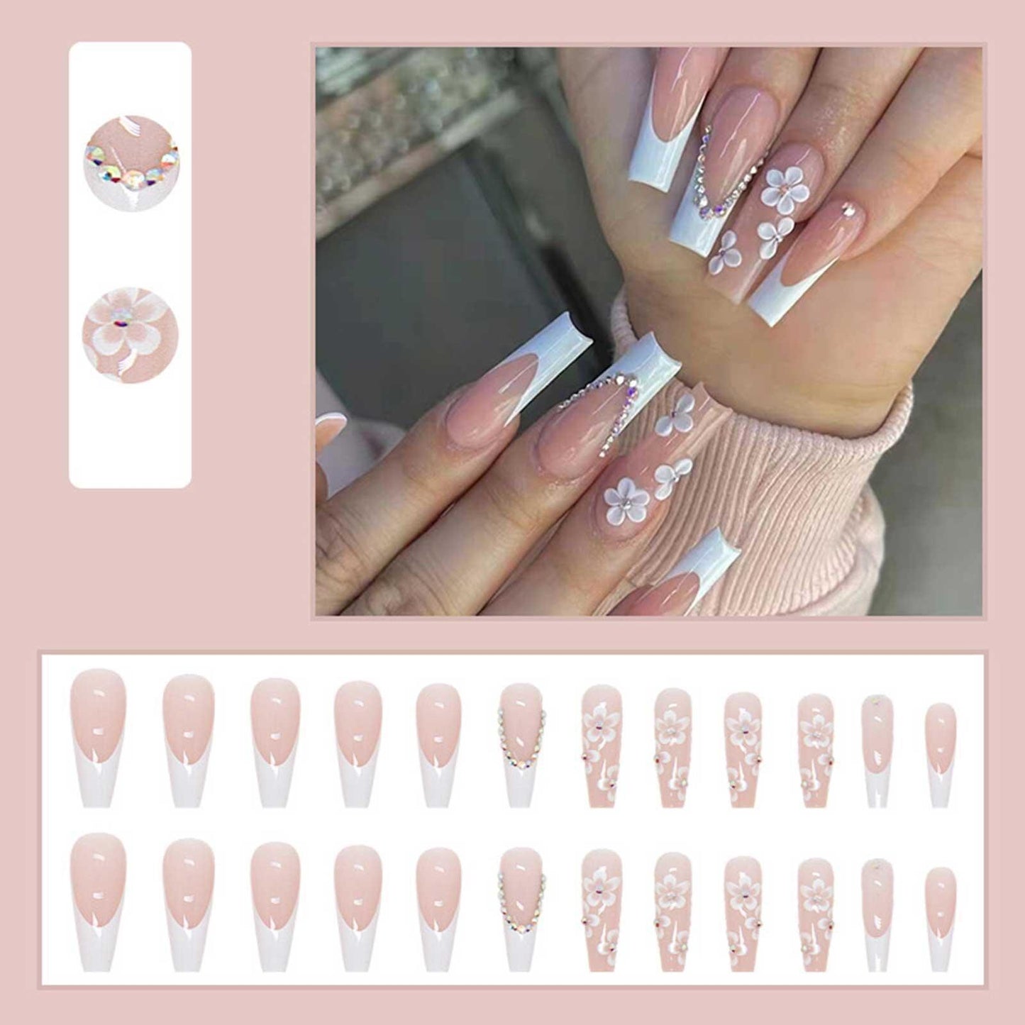 24pcs/set French Nail Ballet False Nails Long Flower Bow Nail Decor Press On Fake Nails Tips With Glue Sticker Nail