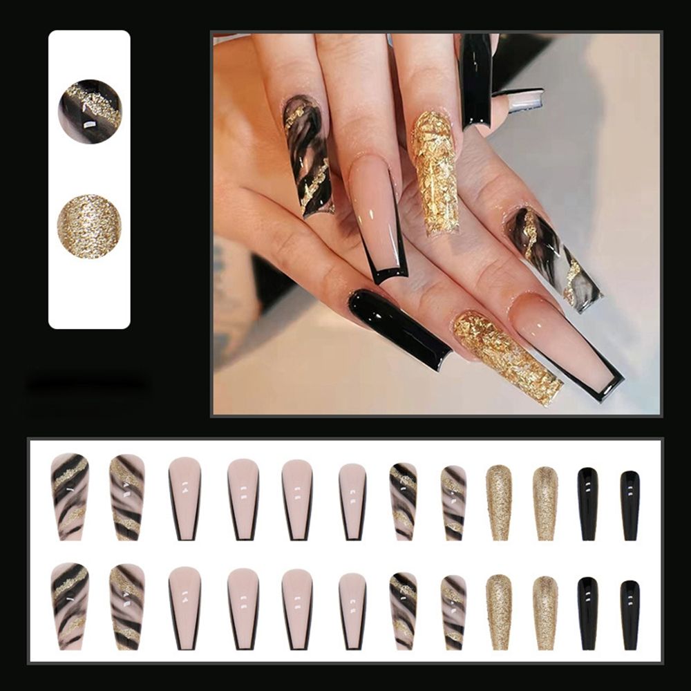 24pcs Long Ballet False Nail Full Cover Fake Nail Grey White Marble Design Nails Tip French Coffin Nails Press On Nails