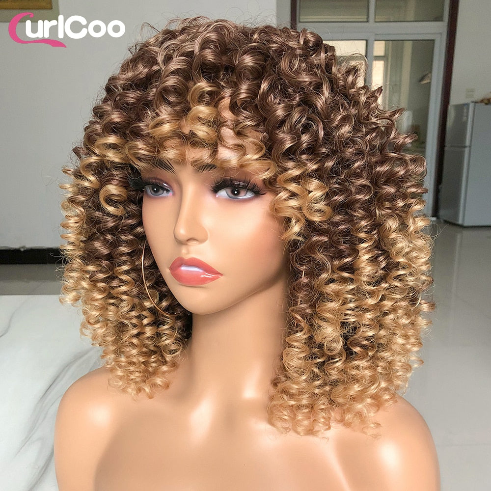 Short Hair Afro Kinky Curly Wigs With Bangs For Women Fluffy Synthetic Ombre Glueless Cosplay Natural highlight Blonde Wig