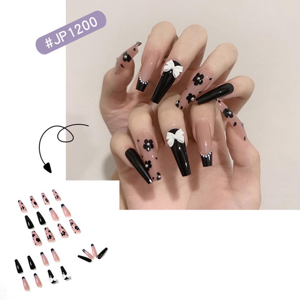 24pcs/set French Nail Ballet False Nails Long Flower Bow Nail Decor Press On Fake Nails Tips With Glue Sticker Nail