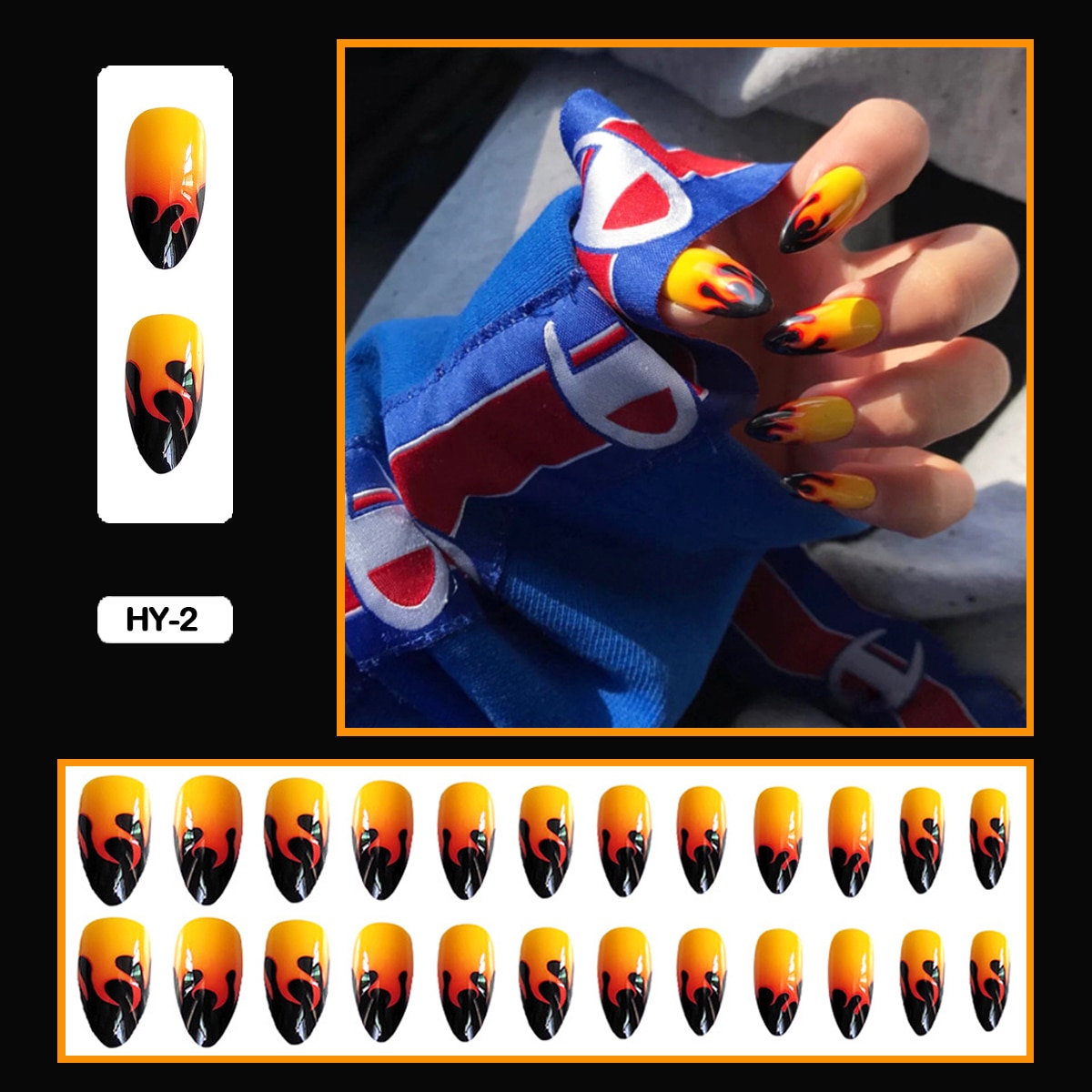 24PCS Dark Punk False Nails with Glue Gradient Long Detachable Fire Stick on Nails Skull Flame  Art DIY Fashion Manicure Tool