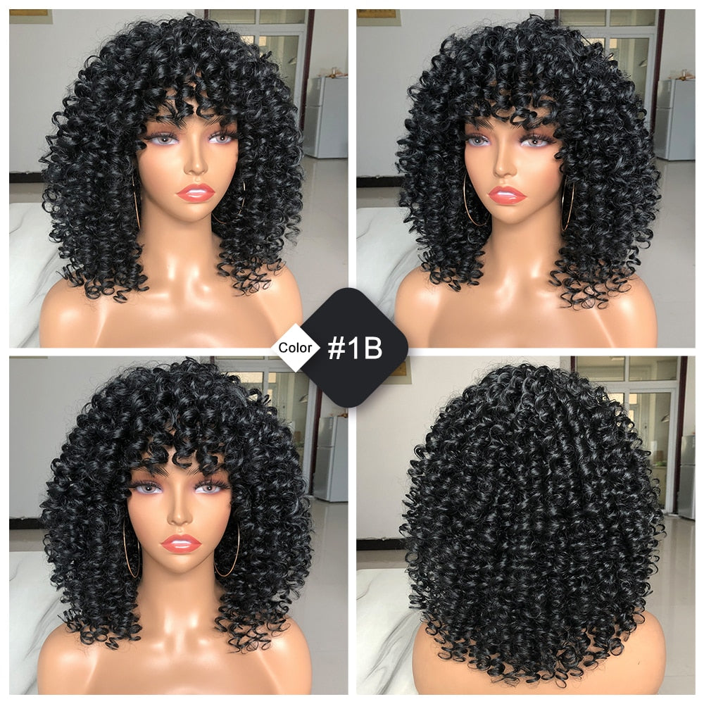 Short Hair Afro Kinky Curly Wigs With Bangs For Women Fluffy Synthetic Ombre Glueless Cosplay Natural highlight Blonde Wig