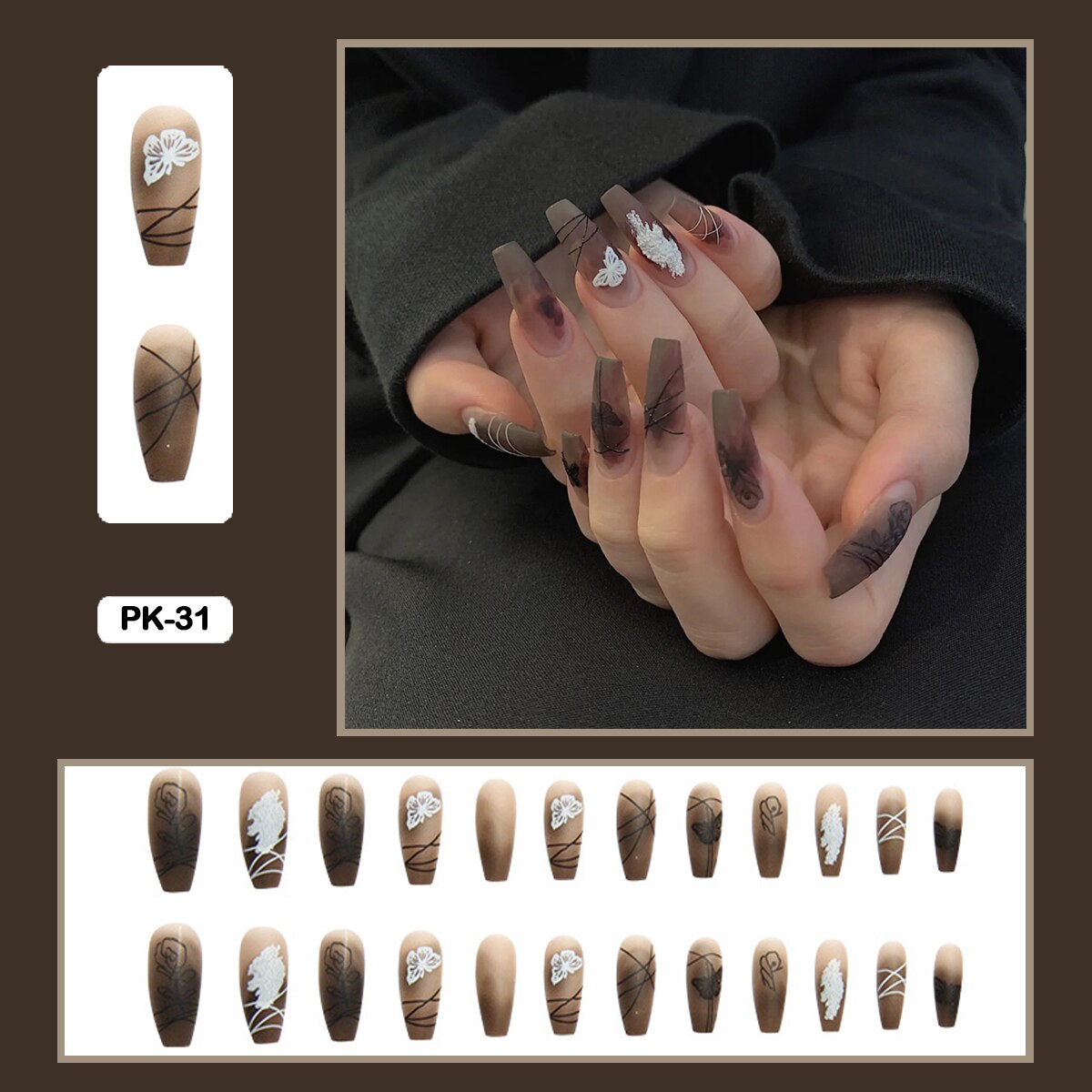 24pcs Elegant Fairy Punk Dry Roses Fake Nail Art With Relief Pattern Fake Nails With Glue Full Cover Nails With Wearing Tools