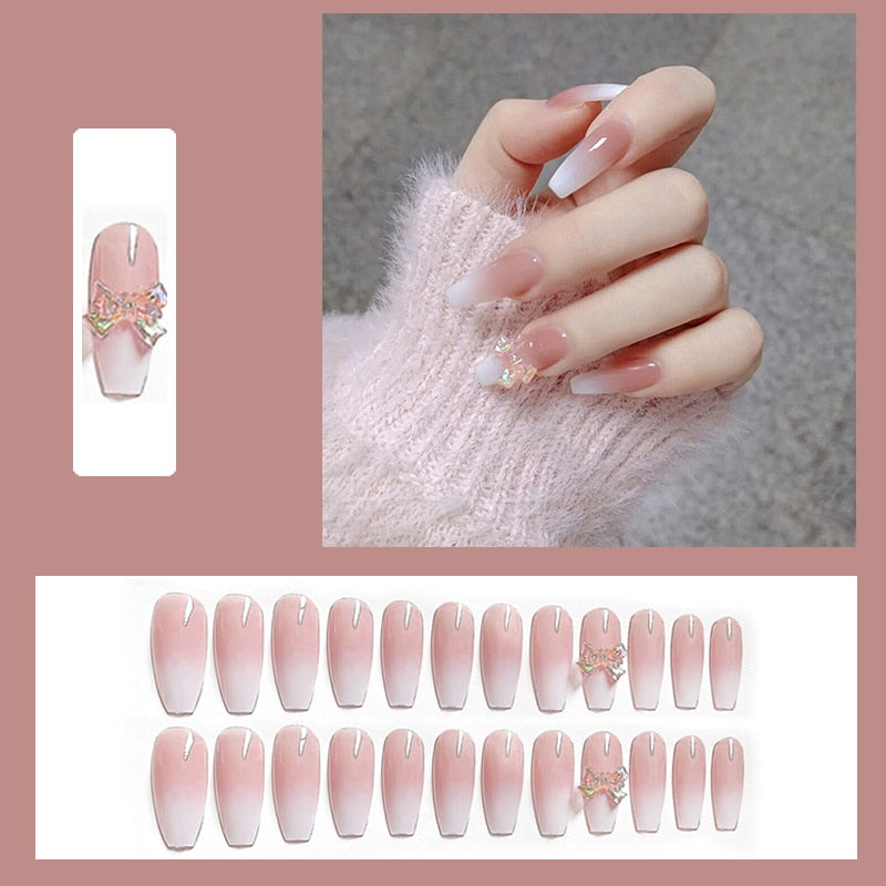 24pcs Butterfly decorated false nails Removable Long Manicure press on nail tips full cover acrylic