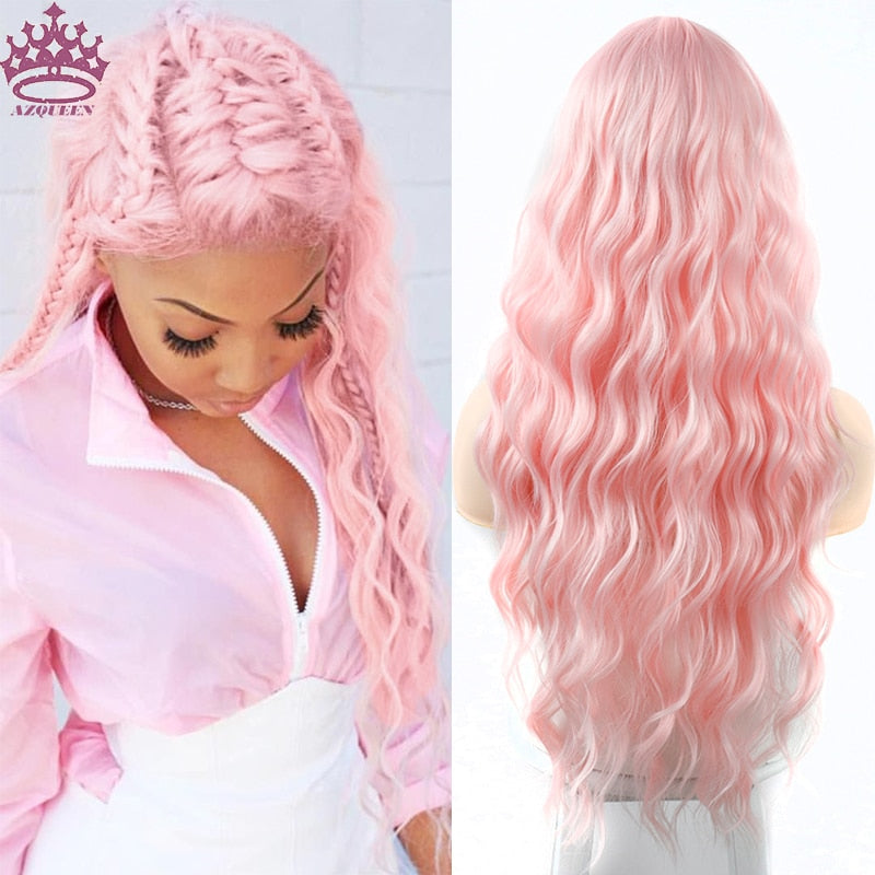 Synthetic Wig Long Pink Wigs Water Wave Heat Resistant Middle Part Natural Hair Wig Cosplay Wigs