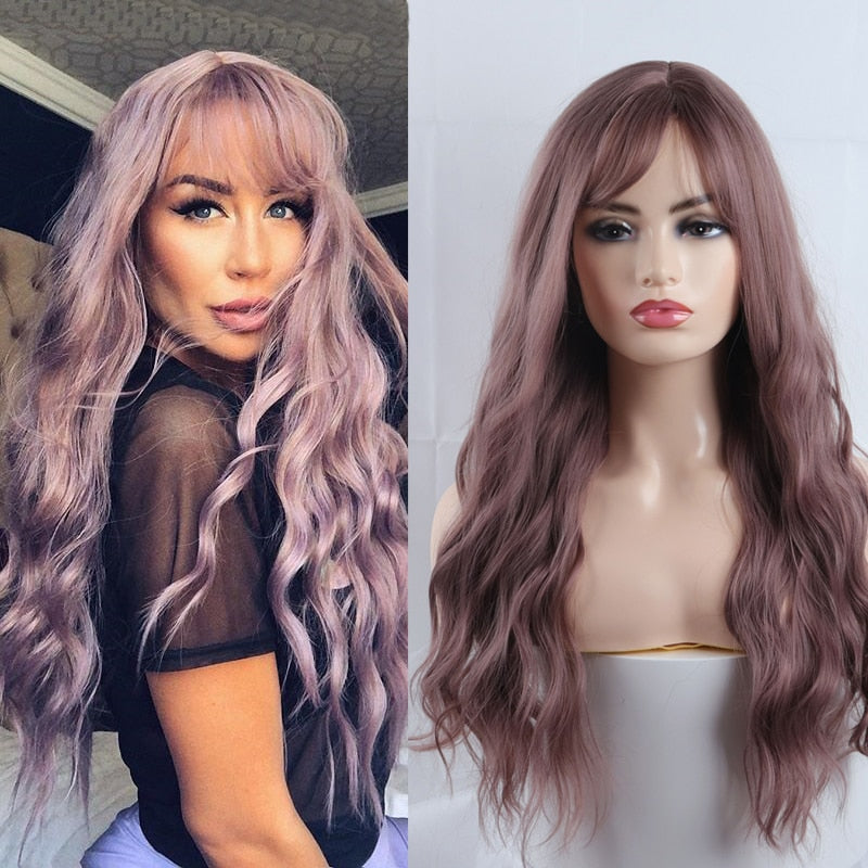 Synthetic Wig Long Pink Wigs Water Wave Heat Resistant Middle Part Natural Hair Wig Cosplay Wigs