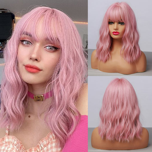  Pink Blonde unicorn Short Curly Cute Bob Synthetic Hair Wigs with Bangs